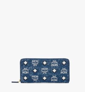 MCM Zip Around Vintage Denim Jacquard Blau | ELSUG-9742